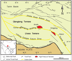 Location of Transhimalaya which includes Lhasa Terrane. In the north, Bangong-Nujiang Suture Zone separates Transhimalaya from the Qiangtang terrane. In the south, Indus-Yarlung suture zone separates it from Himalayas.