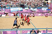 Deutsch: Bachhandball bei den Olympischen Jugendspielen 2018; Tag 3, 9. Oktober 2018; Jungs, Vorrunde, Gruppe B - Argentinien-Mauritius 2:1 English: Beach handball at the 2018 Summer Youth Olympics at 9 October 2018 – Boys Preliminary Round Group B‎ – Argentina-Mautitius 2:1