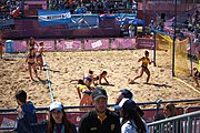 Deutsch: Beachhandball bei den Olympischen Jugendspielen 2018; Tag 3, 10. Oktober 2018; Mädchen, Vorrunde, Gruppe B - Niederlande-Argentinien 2:0 English: Beach handball at the 2018 Summer Youth Olympics at 10 October 2018 – Girls Preliminary Round Group B‎ – Netherlands-Argentina 2:0