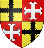 Arms of Willoughby: quarterly 1st & 4th Or, a cross engrailed sable (Willoughby); 2nd and 3rd Gules, a cross moline argent (Beke) Blason Robert de Willoughby (selon Gelre).svg