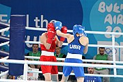 Deutsch: Boxen bei den Olympischen Jugendspielen 2018 Tag 12, 18. Oktober 2018 - Kampf um die Bronzemedaille im Fliegengewicht Mädchen – Heaven Destiny Garcia (USA, blau) schlägt Goryanana Stoeva (Bulgarien, rot) 5-0; Ringrichter ist Ishanguly Meretnyyazov (Turkmenistan). English: Boxing at the 2018 Summer Youth Olympics on 18 October 2018 – Girl's flyweight Bronze Medal Bout - Heaven Destiny Garcia (USA, blue) beats Goryanana Stoeva (Bulgaria, red) 5-0; Referee is Ishanguly Meretnyyazov (Turkmenistan). Español: Boxeo en los Juegos Olímpicos Juveniles de Verano de 2018 en 18 de octubre de 2018 - Combate a medalla de bronce de peso mosca para mujeres: Heaven Destiny Garcia (Estados Unidos, azul) le gana a Goryanana Stoeva (Bulgaria, roja) 5-0; El árbitro es Ishanguly Meretnyyazov (Turkmenistán).