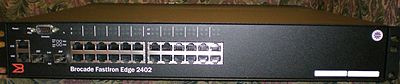 Ethernet switch with two empty SFP slots (lower left) Brocade FES24 Front.jpg