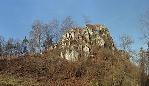 Burgstall Spies - Ansicht der Burgfelsen aus östlicher Richtung (Dezember 2012)