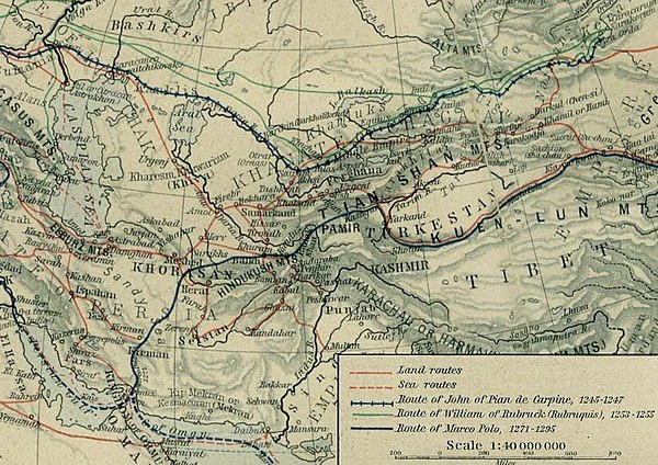 Carpine's great journey to the East; his route is indicated, railroad track style, in dark blue