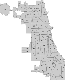 Una lista de las 77 áreas comunitarias de Chicago por número;  los nombres se proporcionan en la sección "Lista de áreas comunitarias" a continuación.  Las áreas generalmente están numeradas de norte a sur, aunque las dos últimas están en el norte debido a contingencias históricas.