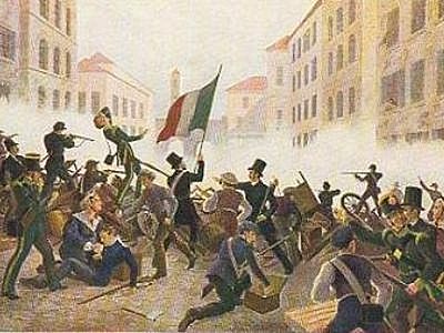 In this popular print of the 1848 "Five Days of Milan", the Italian city's uprising against Austrian rule, several combatants are shown wearing top hats.