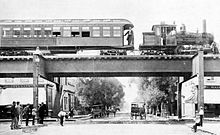 The coal-burning steam locomotive "Clarence A" on the Lake Street Elevated Railroad, 1893 Clarence A train on the Lake Street Elevated, 1893.jpg