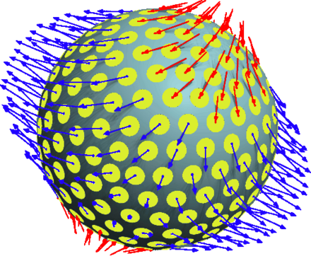 Illustration of typical stresses (arrows) across various surface elements on the boundary of a particle (sphere), in a homogeneous material under uniform (but not isotropic) triaxial stress. The normal stresses on the principal axes are +5, +2, and −3 units.