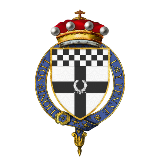 Garter-encircled arms of Edward Bridges, 1st Baron Bridges, KG, as displayed on his Order of the Garter stall plate in St. George's Chapel, Windsor Castle – viz. Argent, a cross sable charged with a wreath of laurel fructed argent, a chief chequy sable and argent.