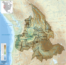 Mapa de las cuencas hidrográficas de los principales afluentes del Columbia: el río drena todo el lado oriental de la cadena desde las Cascadas del Norte hasta las Three Sisters.