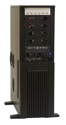 Full-tower computer cases may contain multiple cooling fans. At the top of the case is a fan controller. Computer case - Full Tower.jpg