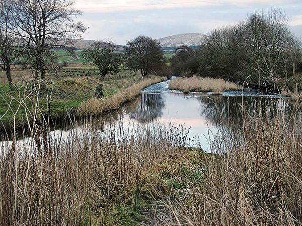 Looking south towards the River Nith at the point where it is joined by Afton Water just north of New Cumnock. The water entering from the bottom left