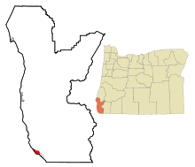 Curry County Oregon Incorporated and Unincorporated areas Brookings Highlighted.svg