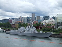 U.S. Navy ship moored next to downtown during annual Rose Festival