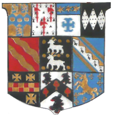 Arms of Denys Rolle (1614-1638) on his monument in the Rolle Mausoleum in Bicton Old Church, showing 10 quarters including: 2: Dennis of Weycroft, 6: Bockerell, 7: Cristenstowe of Weycroft, 8: Gobodislegh of Weycroft and 9: Chiderleigh, illustrating part of the descent of Weycroft DenysRolle1638AchievementBicton.PNG