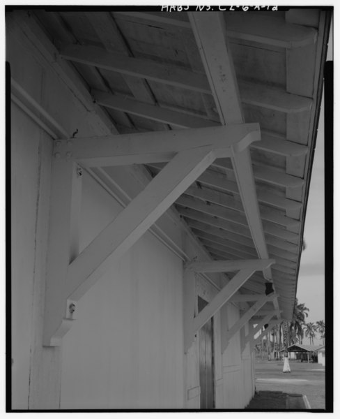 File:Detail of brackets, beams, and exposed rafters facing south. - Fort Sherman, Theater, Intersection of Sturgis, Butner, and Martin Roads, Colon, Former Panama Canal Zone, CZ HABS CZ,1-COLON.V,2A-12.tif