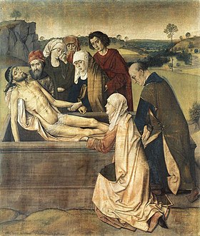 Dieric Bouts' Entombment, c. 1440-55 (National Gallery, London), is an austere but affecting portrayal of sorrow and grief, and one of the few surviving 15th-century glue-size paintings. Dieric Bouts - The Entombment - WGA02961.jpg