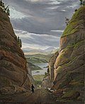 «Turgåere i kløften Krokkleiva på vei til Oslo» (Wanderer in der Schlucht von Krokkleiva auf dem Weg nach Oslo), tegning av Eduard von Buchan (1800-1876) fra 1833