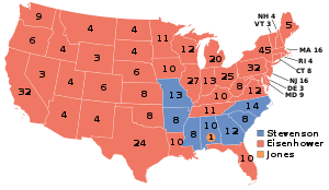 Kort over, hvem, der vandt hvilke delstater (blå=Stevenson, rød=Eisenhower)