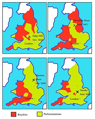 Maps of territory held by Royalists (red) and Parliamentarians (green), 1642 -- 1645 English civil war map 1642 to 1645.JPG