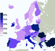 Belief in a God per country (Special Eurobarometer Report, 2005). Four in five respondents in Greece (81%) agreed with the statement "I believe there is a God". Europe belief in god.png