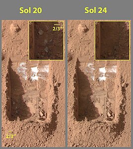 Color versions of the photos showing ice sublimation, with the lower left corner of the trench enlarged in the insets in the upper right of the images.