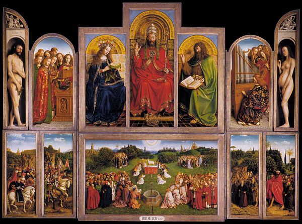 Opened view of the Ghent Altarpiece: Jan van Eyck (1432).  There is a different view when the wings are closed.