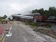 A derailed freight train in Farragut, Tennessee (2002) Farragut derailment 2.JPG