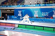 Deutsch: Fechten bei den Olympischen Jugend-Sommerspielen 2018: Tag 1, 7. Oktober 2018, Jungen, Säbel, Finale - Krisztián Rabb (HUN) - Hyun Jun (KOR) (USA) 15:13 English: Fencing at the 2018 Summer Youth Olympics at 7 October 2018 – Boys' sabre Gold medal match – Krisztián Rabb (HUN) Vs Hyun Jun (KOR) (USA) 15:13