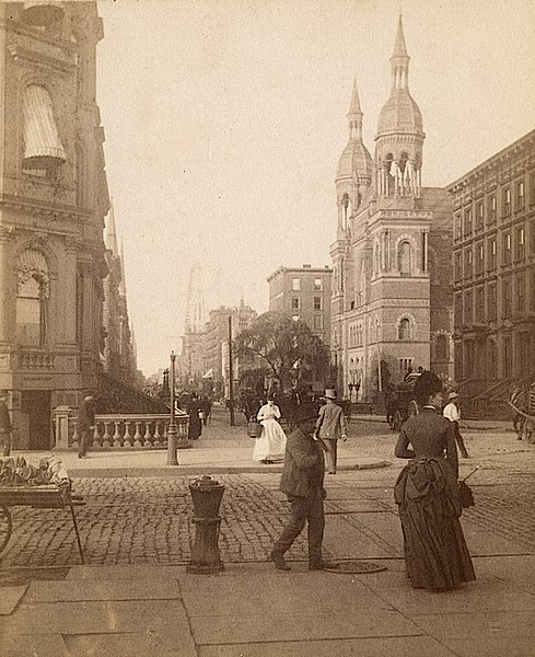 Robert L. Bracklow (1849–1919), from his Glimpses through the Camera series, Fifth Avenue at 42nd Street, New York, USA, September 1, 1888, albumen pr