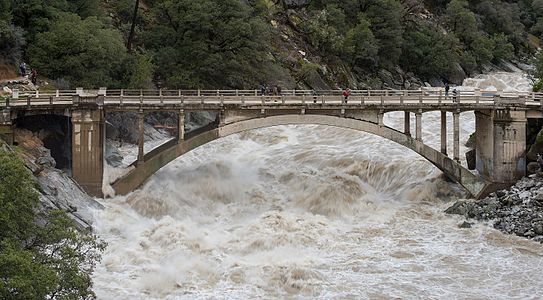 Flood under the Old Route 49 bridge crossing over the South Yuba River in Nevada City, California.