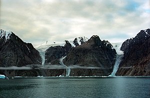 Glacier tongues at the shore of Kaiser Franz Josef Fjord Franz Josef Fjord, gacier tongues.jpg