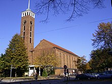 Frohbotschaftskirche church at the Straßburger Platz, a central square of the quarter