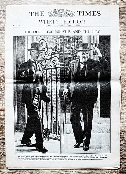 Frontpage weekly magazine The Times, 15 May 1940, with headline: "The old prime minister and the new".