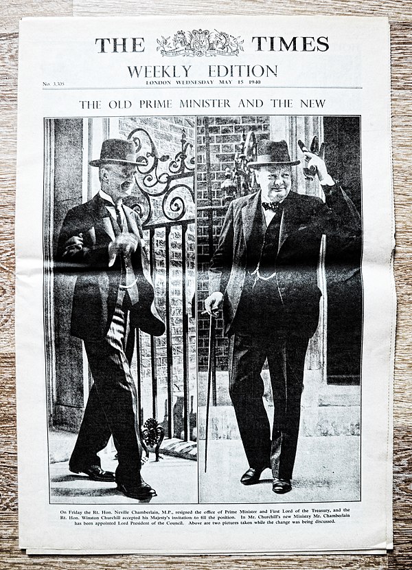 Frontpage weekly magazine The Times, 15 May 1940, with headline: "The old prime minister and the new".