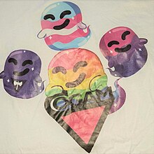 Versions of Gaysper on a t-shirt, involving a lesbian flag (left), a transgender flag (upper middle), a rainbow flag and COGAM symbol (lower middle), and a bisexual flag (right) Gayspers on a t-shirt.jpg