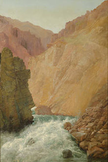 Hills' painting of a gorge in Chelan County, Washington that was one of 24 of her paintings exhibited at the 1904 World's Fair. Gorge in Chelan County, Washington, Cascade Range painted in 1903 by Abby Williams Hill.jpg