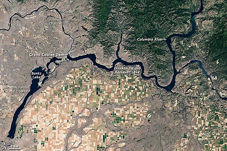 Banks Lake, Grand Coulee Dam, and Franklin D. Roosevelt Lake 1999 Landsat photo