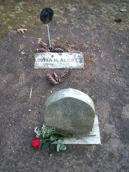 Louisa May Alcott's grave in Sleepy Hollow Cemetery, Concord, Massachusetts.