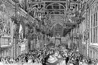 This 1863 gathering at Guildhall was attended by Queen Victoria. The roof shown here has been replaced, but the hammerbeam design was not retained. Guildhall Queen Victoria ILN 1863.jpg