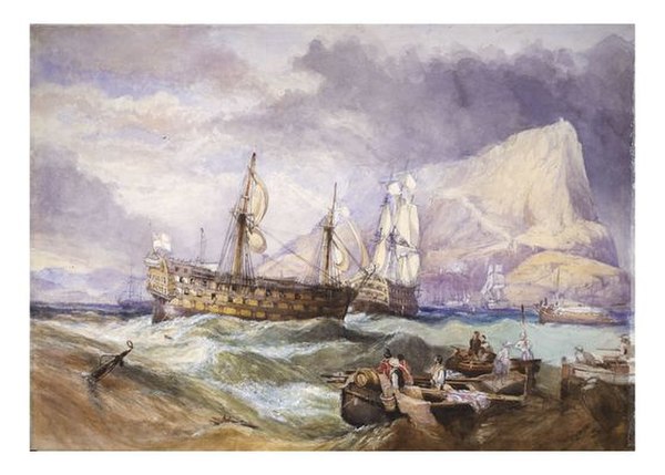 H.M.S 'Victory' towed into Gibraltar, watercolour study by Clarkson Stanfield. HMS Victory, seen in full starboard view, is towed into Gibraltar by HM