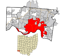 Hamilton County Ohio Incorporated i Unincorporated obszary Cincinnati podświetlone.svg