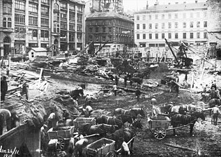 Schaktarbeten för varuhuset NK vid Hamngatan, 1913.