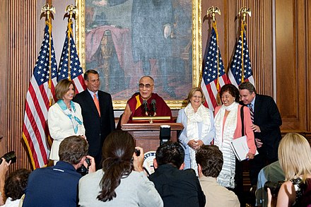The Dalai Lama meeting with Congressional leaders Nancy Pelosi and John Boehner in 2011