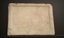 Epitaph for an aquilifer, his contubernalis Sabina, and son Martialis (Museo Arqueologico y Etnologico de Cordoba) Inscripcion - Museo Arqueologico y Etnologico de Cordoba.jpg