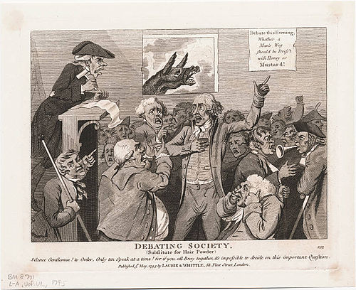 Debate Tonight: Whether a man's wig should be dressed with honey or mustard! A 1795 cartoon satirizing the content of debates.