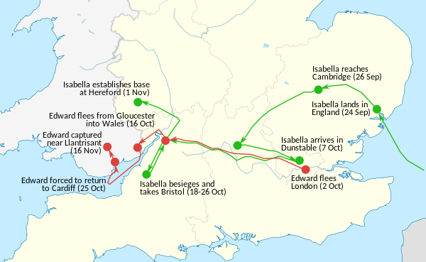 Map of the route for the 1326 invasion of England by Roger Mortimer and Queen Isabella