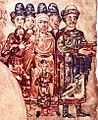 без бороди вусатий Святослав Ярославич Рюрикович (праворуч крайній) в Ізборнику 1073 року