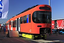 Worbla auf der Innotrans 2018 in Berlin. Der Triebzug steht auf Über­führungsrollböcken Loco Buggy.