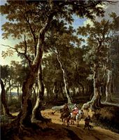 Jan Hackaert (landscape) and Johannes Lingelbach (figures) A hawking party in a forest. Ca. 1660. Oil on canvas. 92 × 78.5 cm. Present whereabouts unknown.